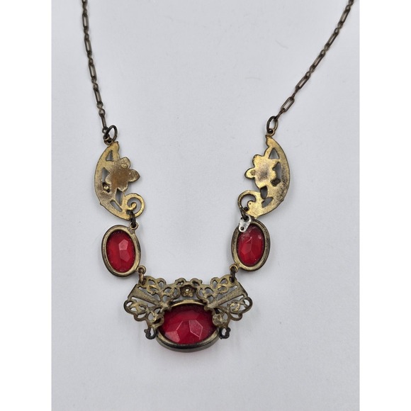 Antique Brass Filigree Necklace Red Glass Stones Art Deco Nouveau Style - Picture 8 of 16